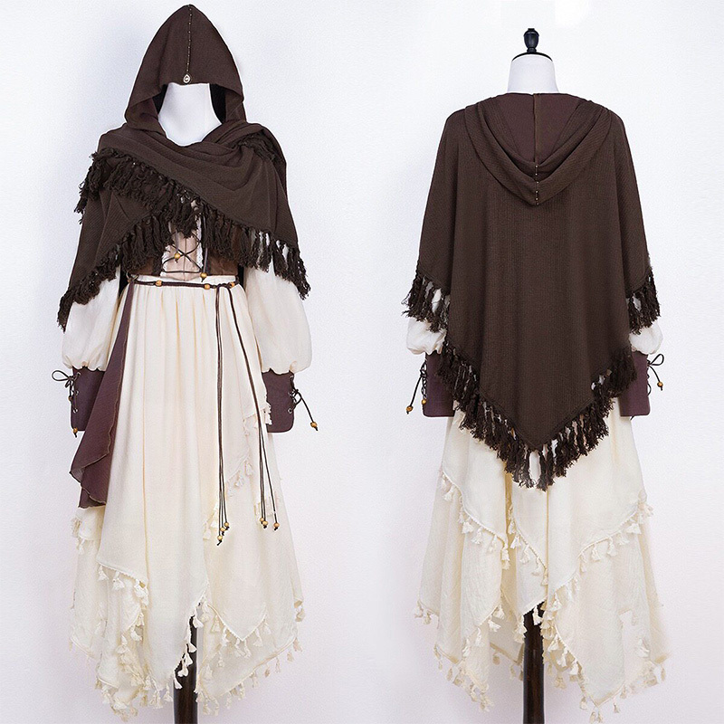Vintage Tassel Dress Lace-up Top Cape Matching Outfit - Set - L - image 1
