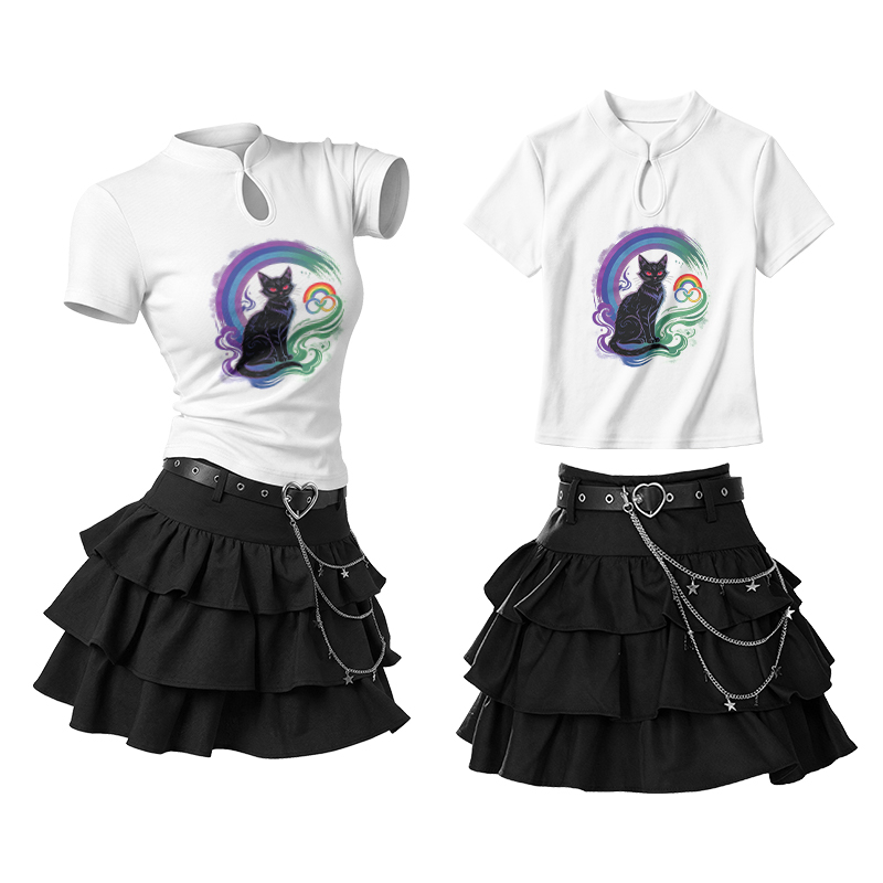 Black Cat Graphic Vintage Buckle T-shirt Ruffle Mini Skirt Two Pieces Set - White - L - image 2