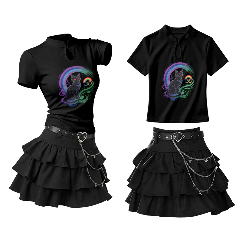 Black Cat Graphic Vintage Buckle T-shirt Ruffle Mini Skirt Two Pieces Set - Black - L - image 1