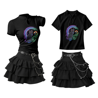 Black Cat Graphic Vintage Buckle T-shirt Ruffle Mini Skirt Two Pieces Set - Black - L - image 1