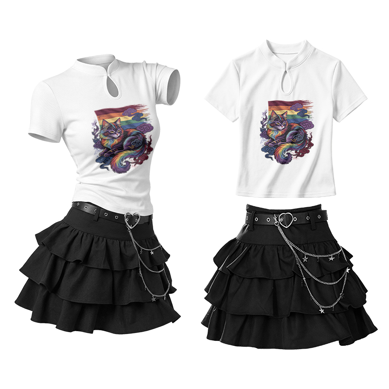 Mystic Rainbow Cat Graphic Vintage Buckle T-shirt Ruffle Mini Skirt Two Pieces Set - White - L - image 2