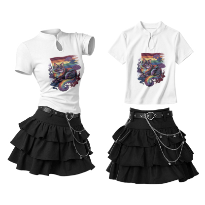 Mystic Rainbow Cat Graphic Vintage Buckle T-shirt Ruffle Mini Skirt Two Pieces Set - White - L - image 2