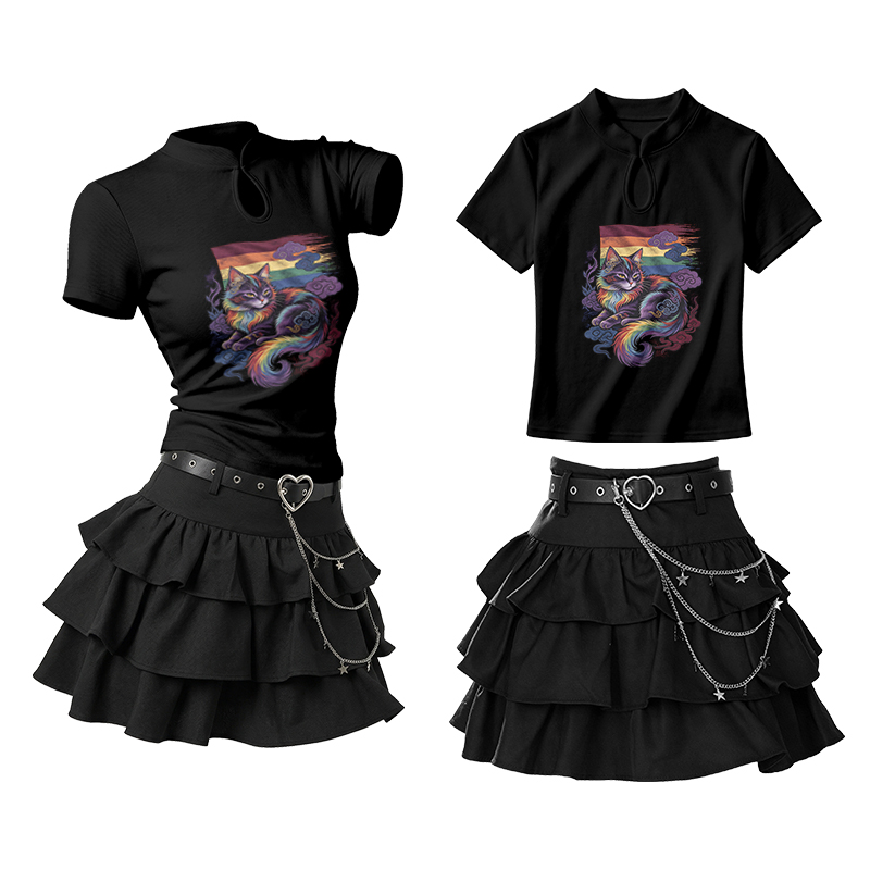 Mystic Rainbow Cat Graphic Vintage Buckle T-shirt Ruffle Mini Skirt Two Pieces Set - Black - L - image 1