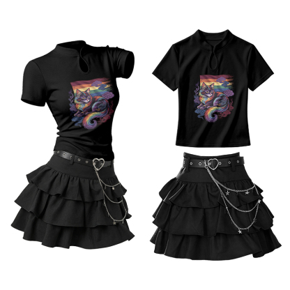 Mystic Rainbow Cat Graphic Vintage Buckle T-shirt Ruffle Mini Skirt Two Pieces Set - Black - L - image 1