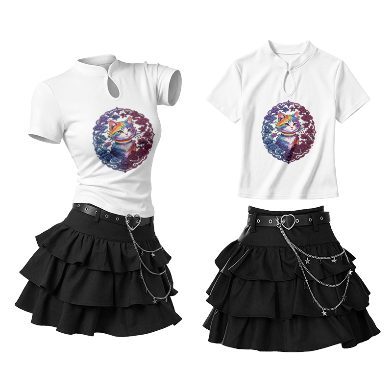 Pastel Rainbow Cat Graphic Vintage Buckle T-shirt Ruffle Mini Skirt Two Pieces Set - White - L - image 2