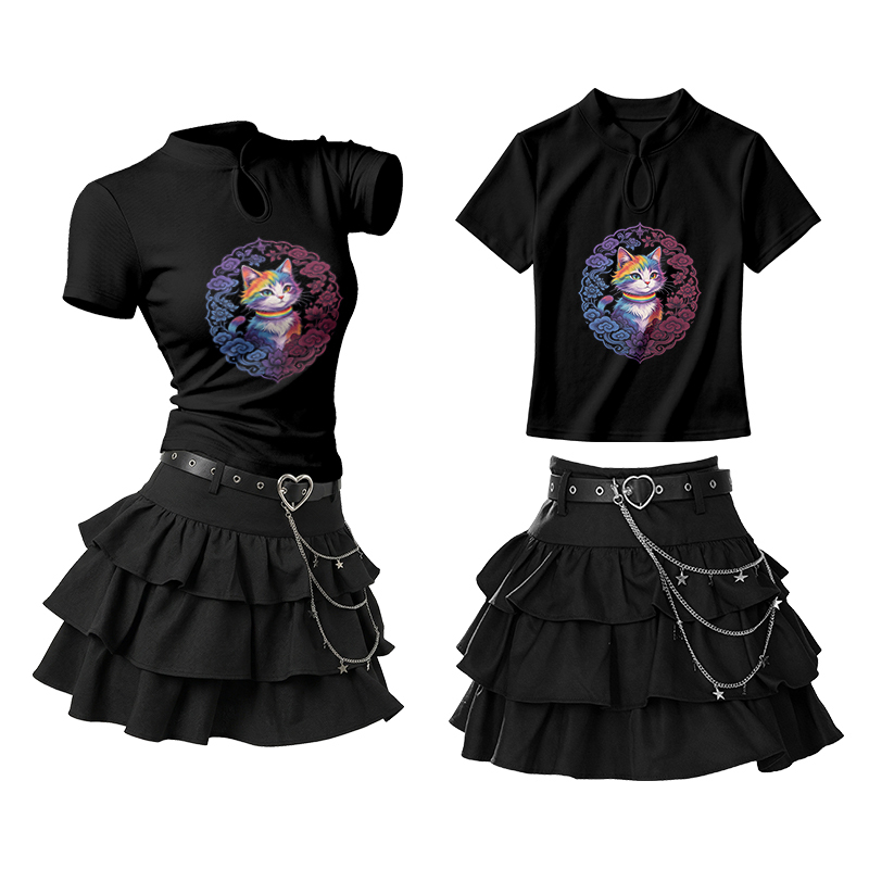 Pastel Rainbow Cat Graphic Vintage Buckle T-shirt Ruffle Mini Skirt Two Pieces Set - Black - L - image 1