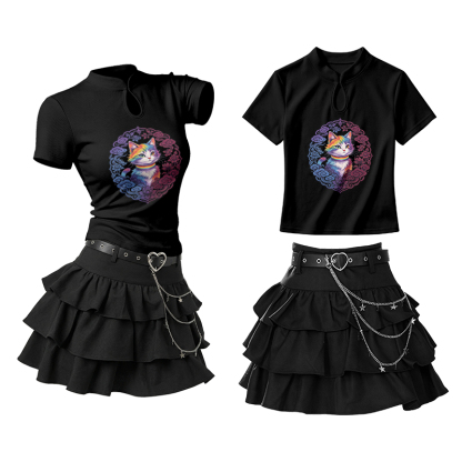 Pastel Rainbow Cat Graphic Vintage Buckle T-shirt Ruffle Mini Skirt Two Pieces Set - Black - L - image 1