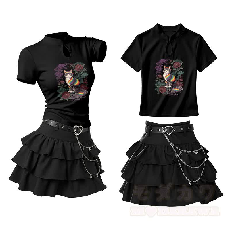 Rainbow Rose Cat Graphic Vintage Buckle T-shirt Ruffle Mini Skirt Two Pieces Set - Black - L - image 2