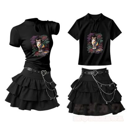 Rainbow Rose Cat Graphic Vintage Buckle T-shirt Ruffle Mini Skirt Two Pieces Set - Black - L - image 2