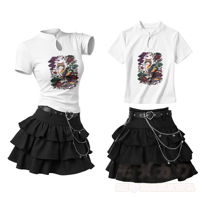 Rainbow Rose Cat Graphic Vintage Buckle T-shirt Ruffle Mini Skirt Two Pieces Set - White - L - image 1