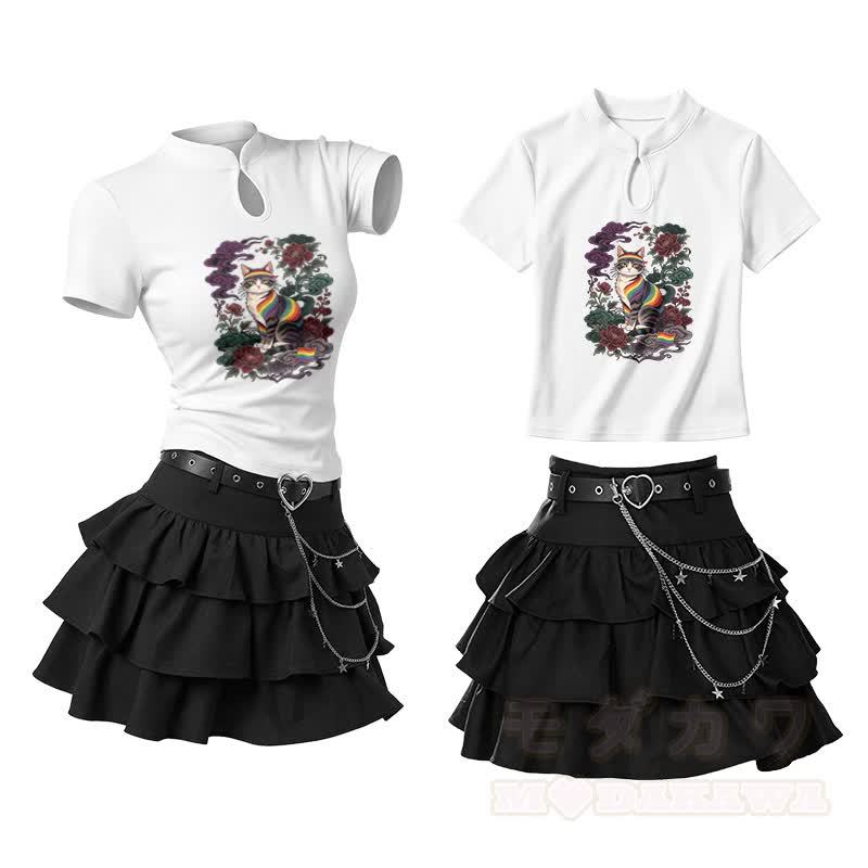Rainbow Rose Cat Graphic Vintage Buckle T-shirt Ruffle Mini Skirt Two Pieces Set - White - L - image 1