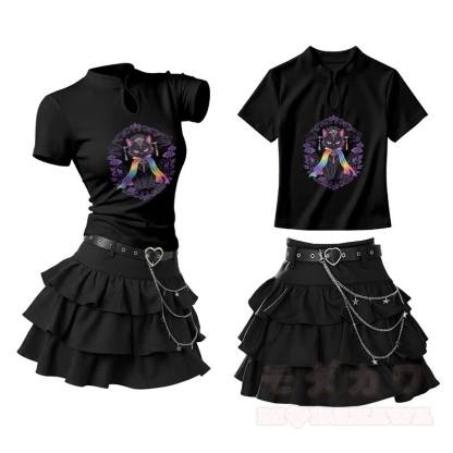 Mystic Black Cat Graphic Vintage Buckle T-shirt Ruffle Mini Skirt Two Pieces Set - Black - L - image 2
