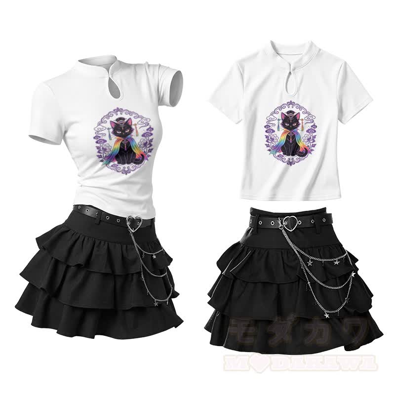 Mystic Black Cat Graphic Vintage Buckle T-shirt Ruffle Mini Skirt Two Pieces Set - White - L - image 1