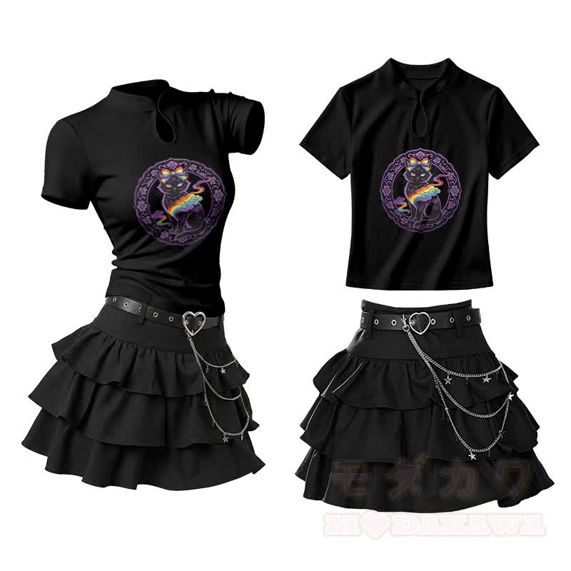 Bow Black Cat Graphic Vintage Buckle T-shirt Ruffle Mini Skirt Two Pieces Set - Black - L - image 2