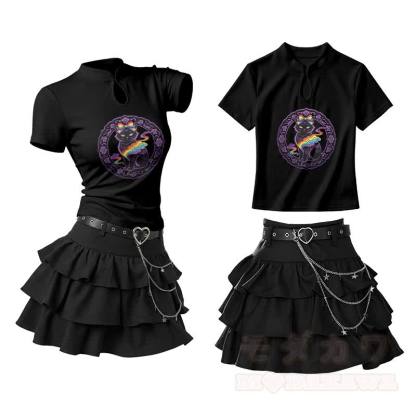 Bow Black Cat Graphic Vintage Buckle T-shirt Ruffle Mini Skirt Two Pieces Set - Black - L - image 2