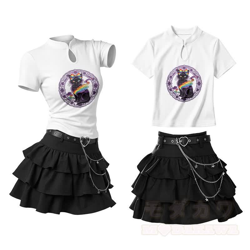 Bow Black Cat Graphic Vintage Buckle T-shirt Ruffle Mini Skirt Two Pieces Set - White - L - image 1