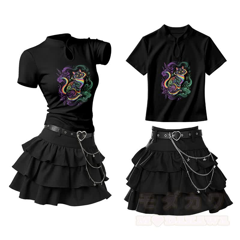 Rainbow Cat Graphic Vintage Buckle T-shirt Ruffle Mini Skirt Two Pieces Set - Black - L - image 2