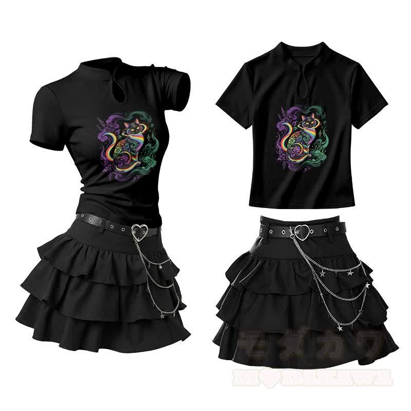 Rainbow Cat Graphic Vintage Buckle T-shirt Ruffle Mini Skirt Two Pieces Set - Black - L - image 2