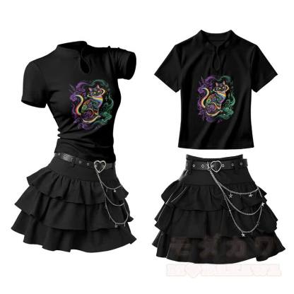 Rainbow Cat Graphic Vintage Buckle T-shirt Ruffle Mini Skirt Two Pieces Set - Black - L - image 2