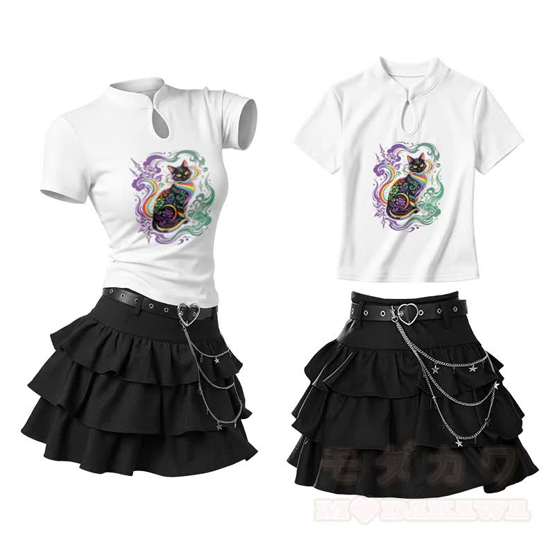 Rainbow Cat Graphic Vintage Buckle T-shirt Ruffle Mini Skirt Two Pieces Set - White - L - image 1