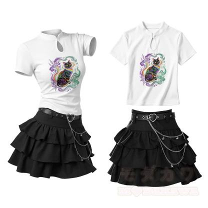 Rainbow Cat Graphic Vintage Buckle T-shirt Ruffle Mini Skirt Two Pieces Set - White - L - image 1