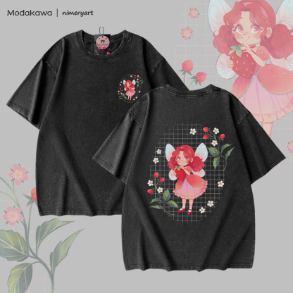 MODAKAWA X nimeryart Strawberry Fairy Graphic Unisex Vintage Washed T-shirt - Black - 5XL - image 2
