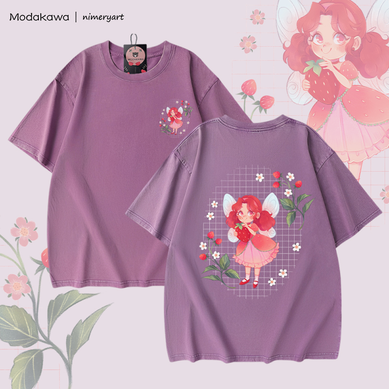 MODAKAWA X nimeryart Strawberry Fairy Graphic Unisex Vintage Washed T-shirt - Purple - 5XL - image 1
