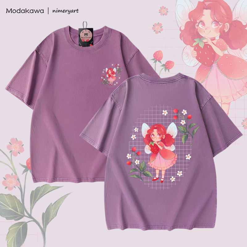 MODAKAWA X nimeryart Strawberry Fairy Graphic Unisex Vintage Washed T-shirt - Purple - 5XL - image 1