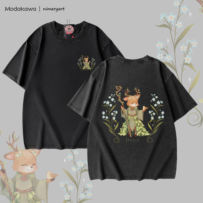MODAKAWA X nimeryart DRUID Deer Graphic Unisex Vintage Washed T-shirt - Black - 5XL - image 3