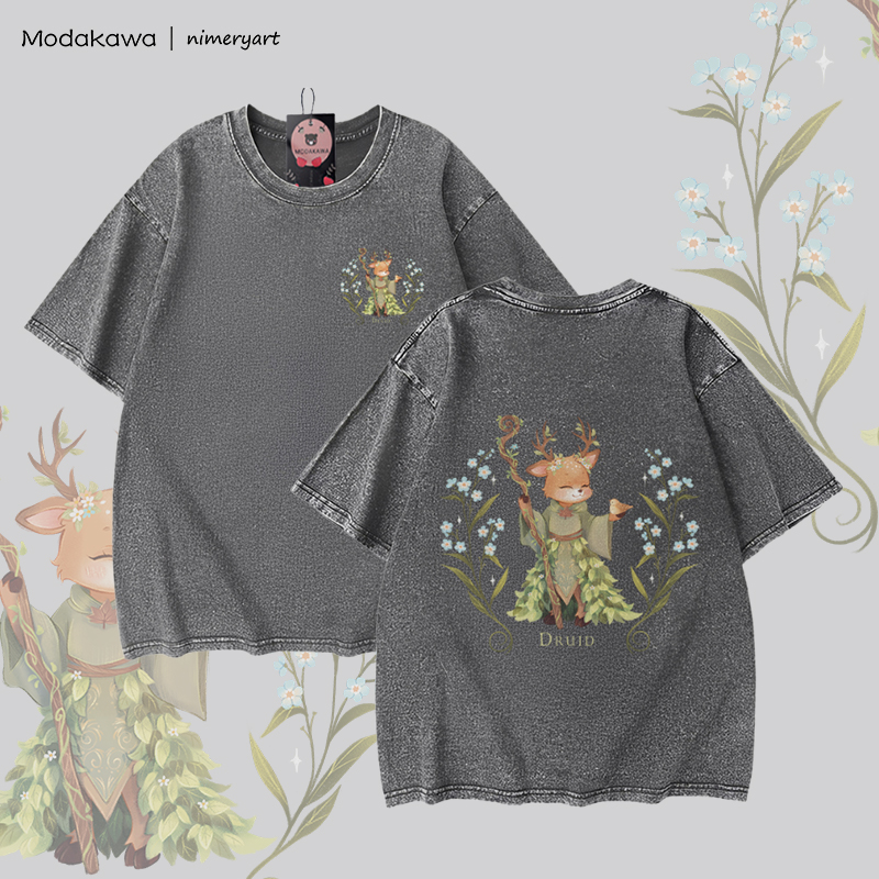 MODAKAWA X nimeryart DRUID Deer Graphic Unisex Vintage Washed T-shirt - Grey - 5XL - image 2