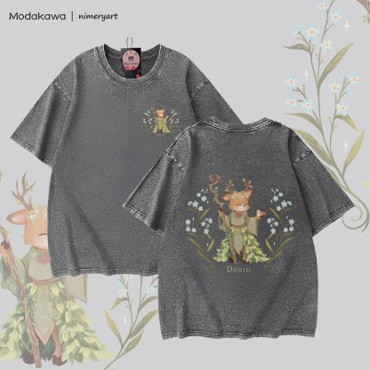 MODAKAWA X nimeryart DRUID Deer Graphic Unisex Vintage Washed T-shirt - Grey - 5XL - image 2