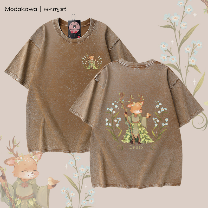 MODAKAWA X nimeryart DRUID Deer Graphic Unisex Vintage Washed T-shirt - Brown - 5XL - image 1