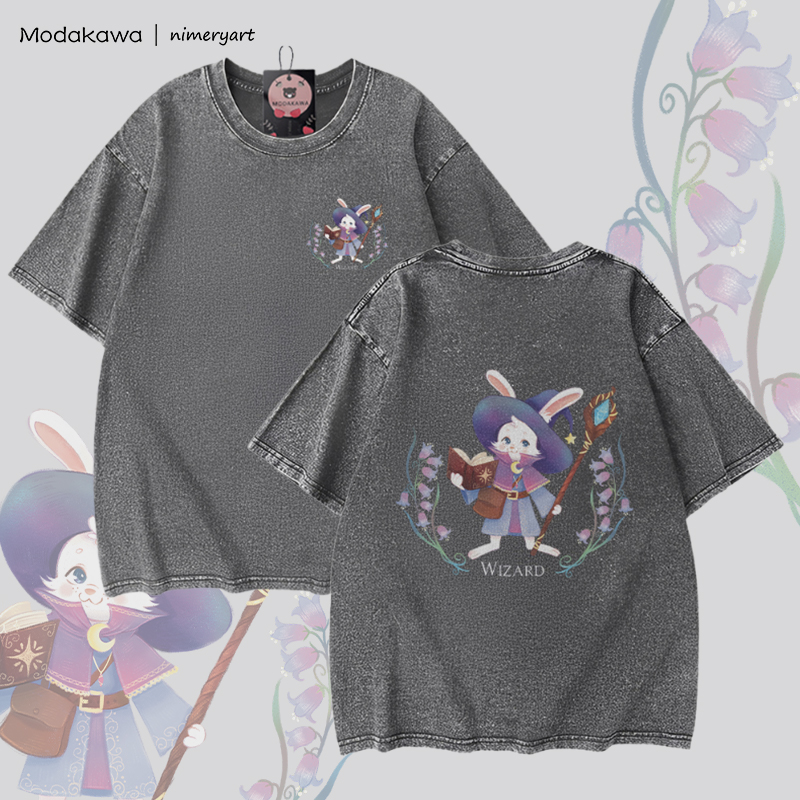 MODAKAWA X nimeryart WIZARD Rabbit Graphic Unisex Vintage Washed T-shirt - Grey - 5XL - image 1