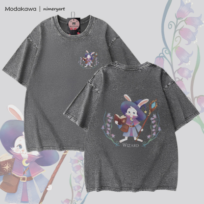 MODAKAWA X nimeryart WIZARD Rabbit Graphic Unisex Vintage Washed T-shirt - Grey - 5XL - image 1