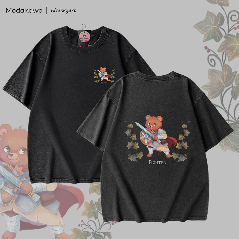 MODAKAWA X nimeryart FIGHTER Bear Graphic Unisex Vintage Washed T-shirt - Black - 5XL - image 2