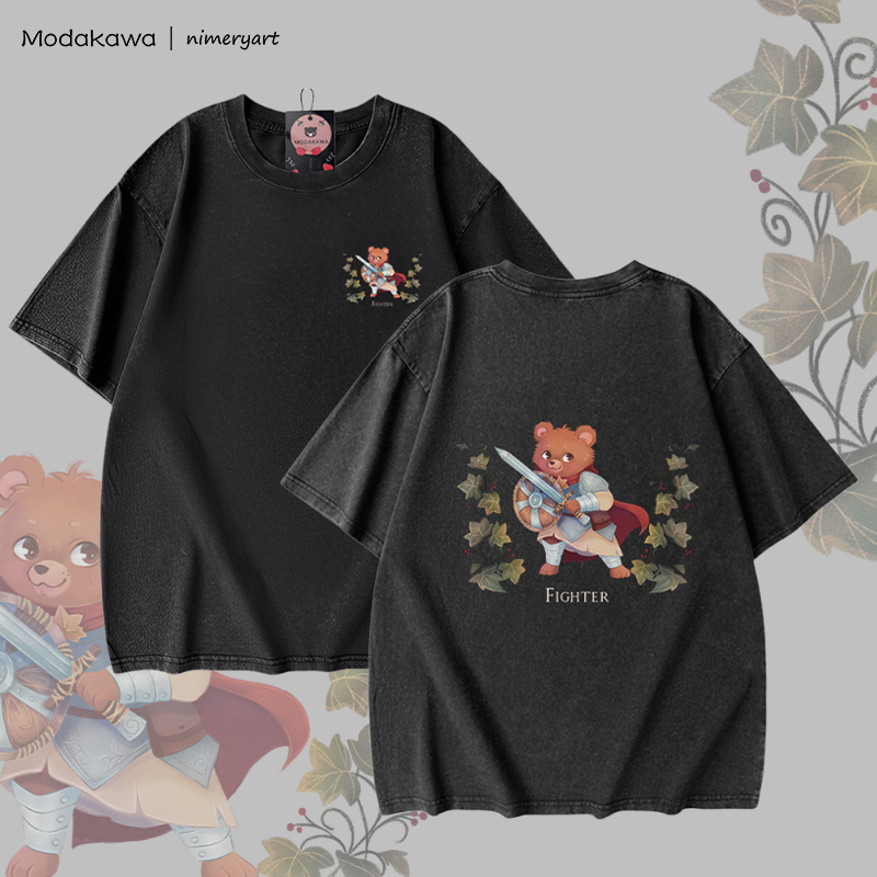 MODAKAWA X nimeryart FIGHTER Bear Graphic Unisex Vintage Washed T-shirt - Black - 5XL - image 2