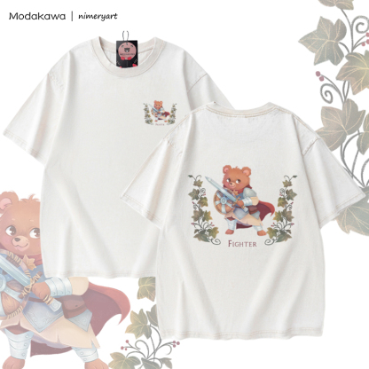 MODAKAWA X nimeryart FIGHTER Bear Graphic Unisex Vintage Washed T-shirt - Apricot - 5XL - image 1