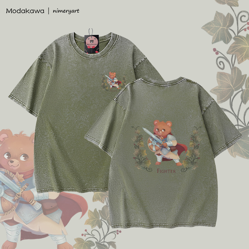MODAKAWA X nimeryart FIGHTER Bear Graphic Unisex Vintage Washed T-shirt - Green - 5XL - image 3