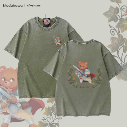 MODAKAWA X nimeryart FIGHTER Bear Graphic Unisex Vintage Washed T-shirt - Green - 5XL - image 3