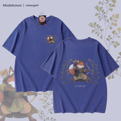 MODAKAWA X nimeryart RANGER Fox Graphic Unisex Vintage Washed T-shirt - Blue - 5XL - image 1