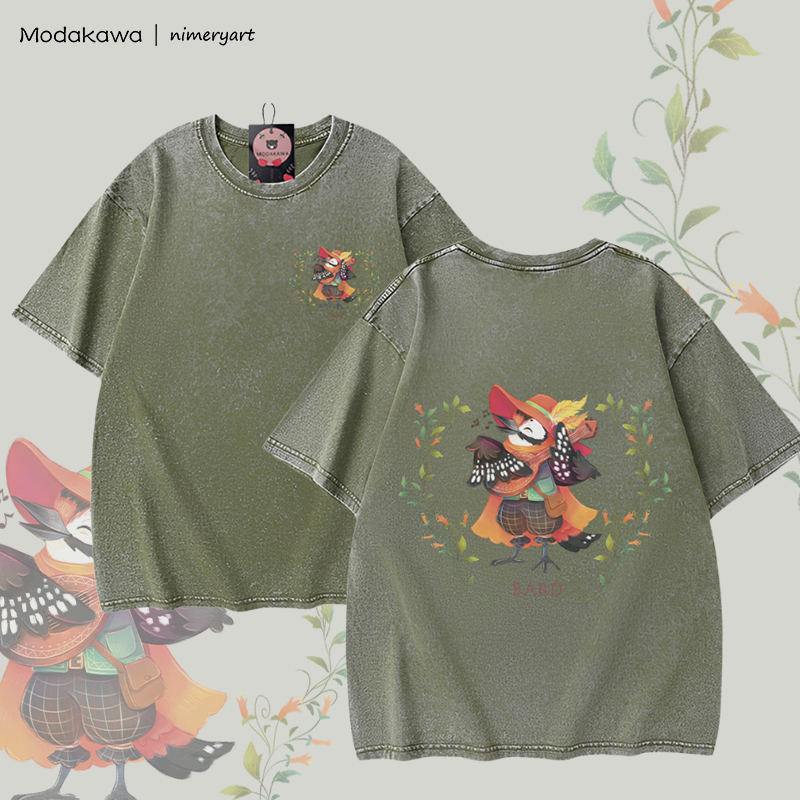 MODAKAWA X nimeryart BARD Bird Graphic Unisex Vintage Washed T-shirt - Green - 5XL - image 1