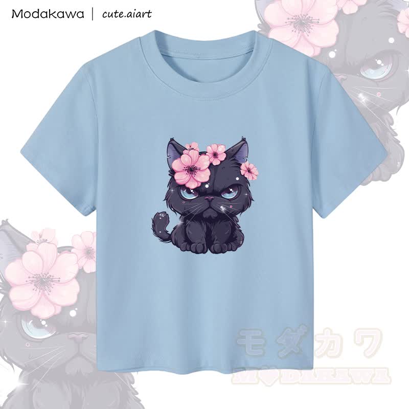 MODAKAWA X cute.aiart Floral Cat Graphic Women's Cropped T-Shirt 92% Combed Cotton Crop Top - Blue - XL - image 2
