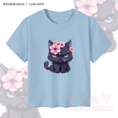MODAKAWA X cute.aiart Floral Cat Graphic Women's Cropped T-Shirt 92% Combed Cotton Crop Top - Blue - XL - image 2