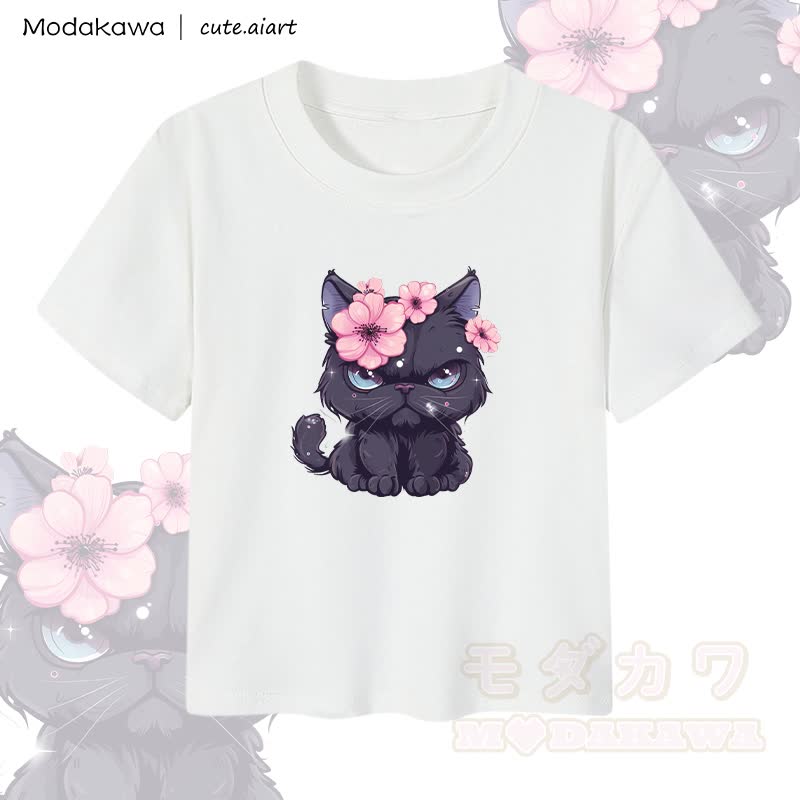 MODAKAWA X cute.aiart Floral Cat Graphic Women's Cropped T-Shirt 92% Combed Cotton Crop Top - White - XL - image 1