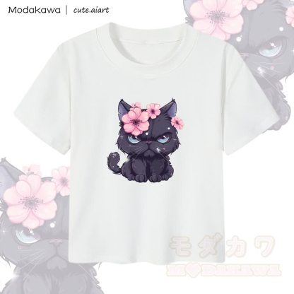 MODAKAWA X cute.aiart Floral Cat Graphic Women's Cropped T-Shirt 92% Combed Cotton Crop Top - White - XL - image 1