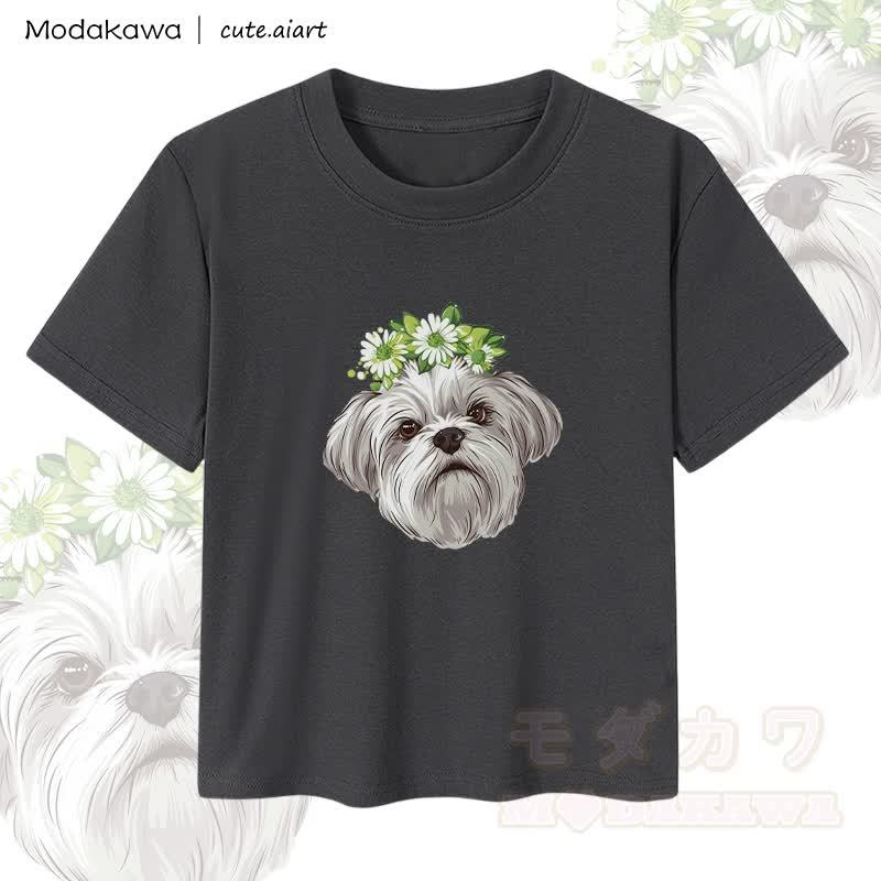 MODAKAWA X cute.aiart Flower Puppy Graphic Women's Cropped T-Shirt 92% Combed Cotton Crop Top - Black - XL - image 2