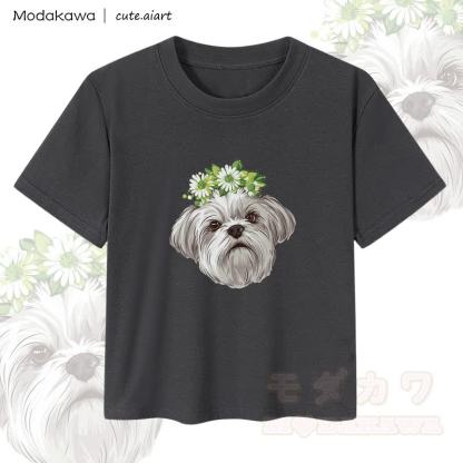 MODAKAWA X cute.aiart Flower Puppy Graphic Women's Cropped T-Shirt 92% Combed Cotton Crop Top - Black - XL - image 2