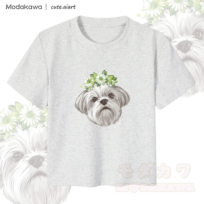 MODAKAWA X cute.aiart Flower Puppy Graphic Women's Cropped T-Shirt 92% Combed Cotton Crop Top - Grey - XL - image 1
