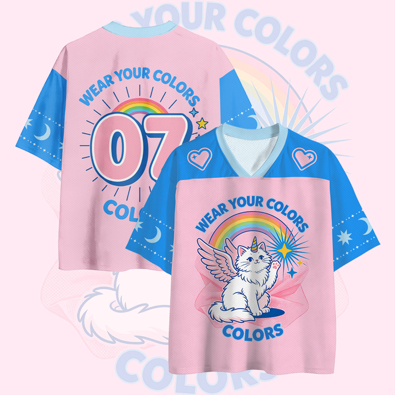 WEAR YOUR COLORS Cat Unicorn Number Graphic Vintage Mesh Jersey T-shirt - Pink & Blue - 4XL - image 1