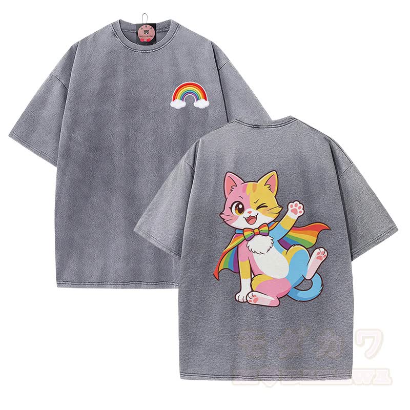 Cute Rainbow Cat Graphic Modakawa Vintage Washed 100% Cotton T-shirt - Grey - 5XL - image 2